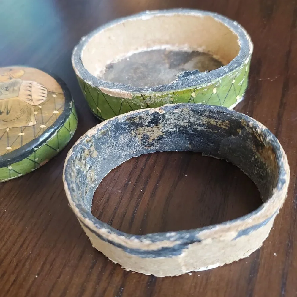 Vintage Ring Box Papier Mache Japanese? Design 3 Piece Oval Cardboard Paper - Picture 6 of 7
